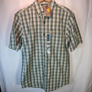 NWT Carhartt Relaxed Fit Plaid Button Down Shirt Men's Small Green Short Sleeve